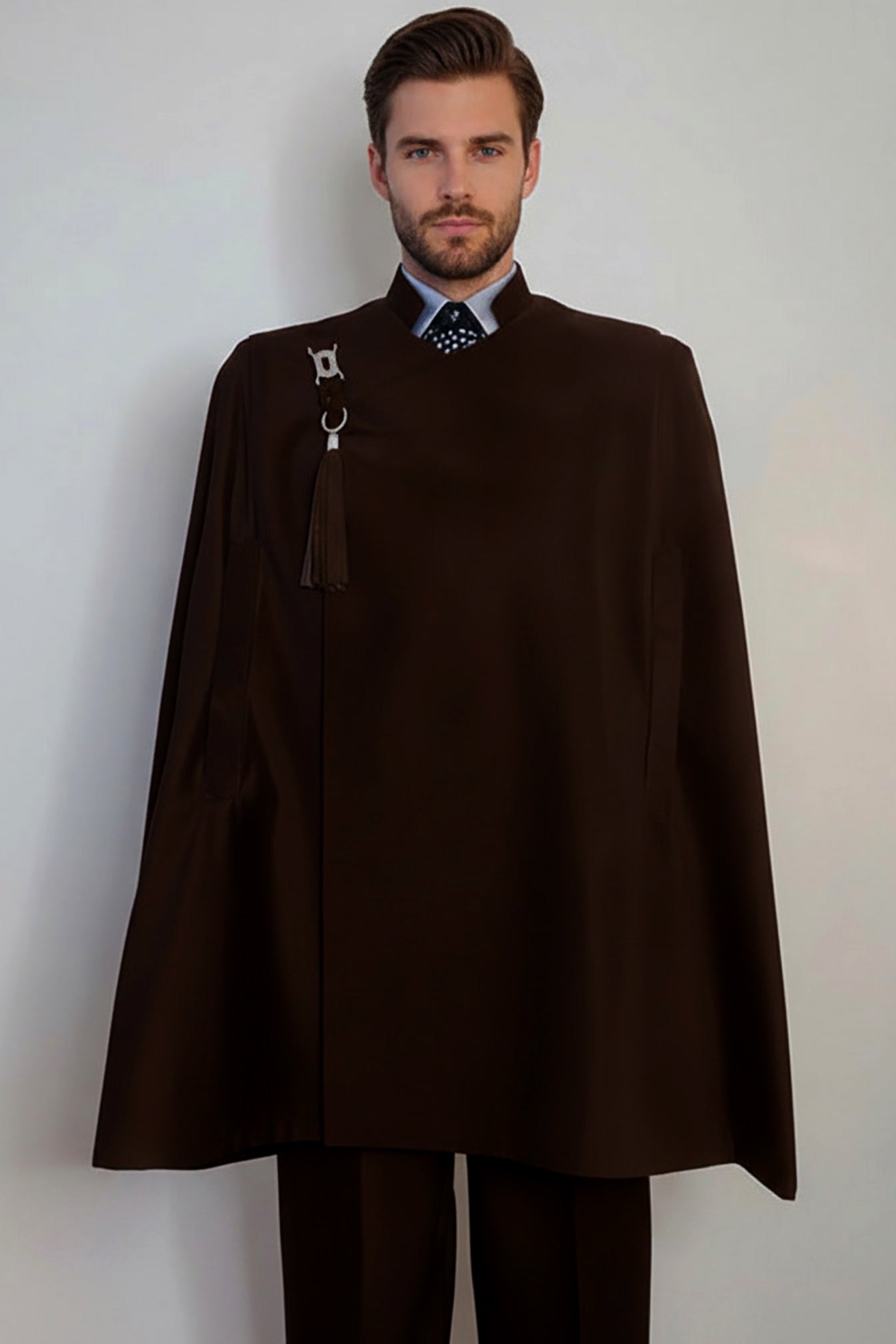 Stacy Stewart Smith Men's Espresso Suede Paris Opera Cape on mannequin 6'3" frontal view.