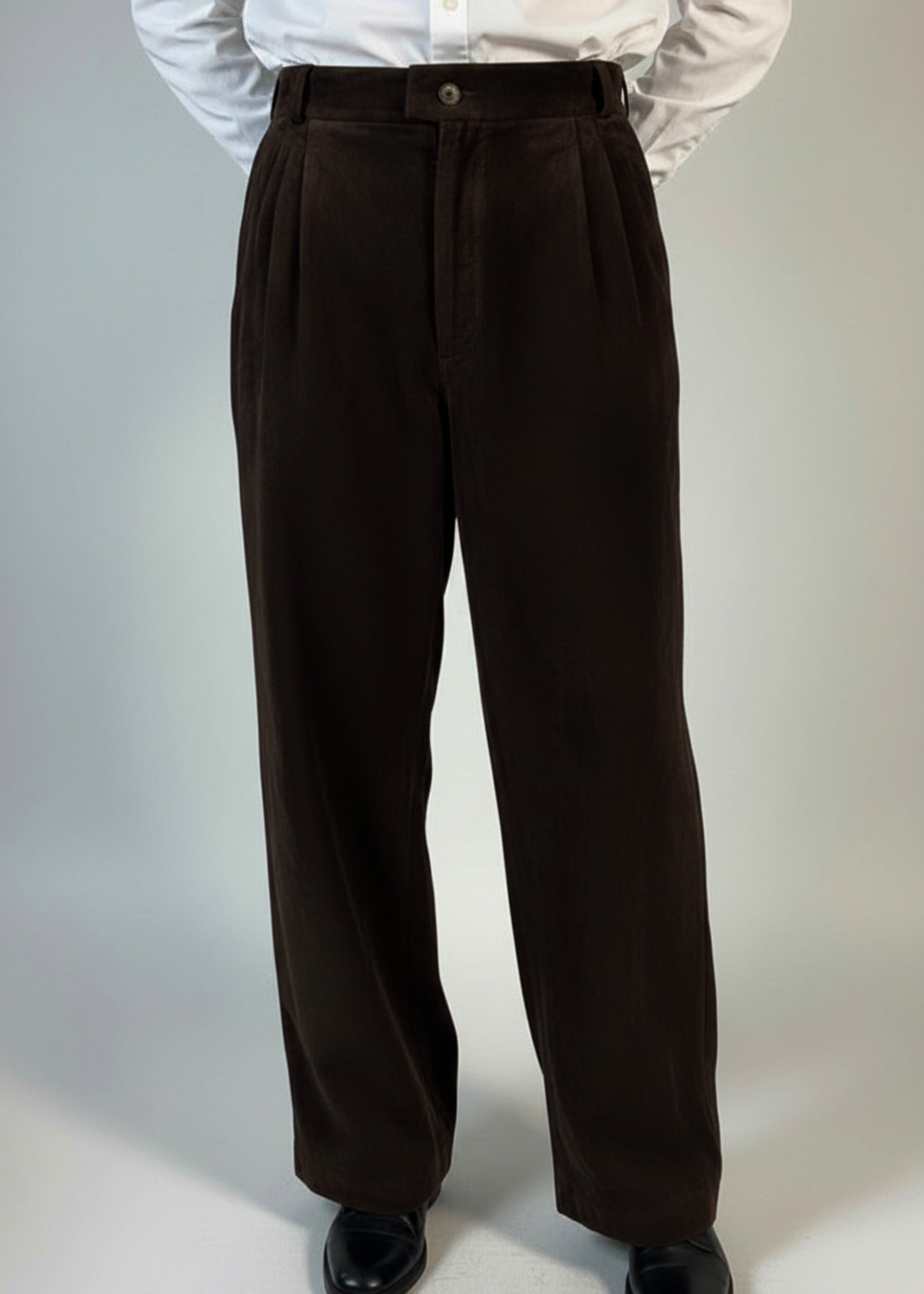 Stacy Stewart Smith Men's Espresso Suede Pleated Windsor Pants on a mannequin 6'3" frontal view with a gray backdrop.