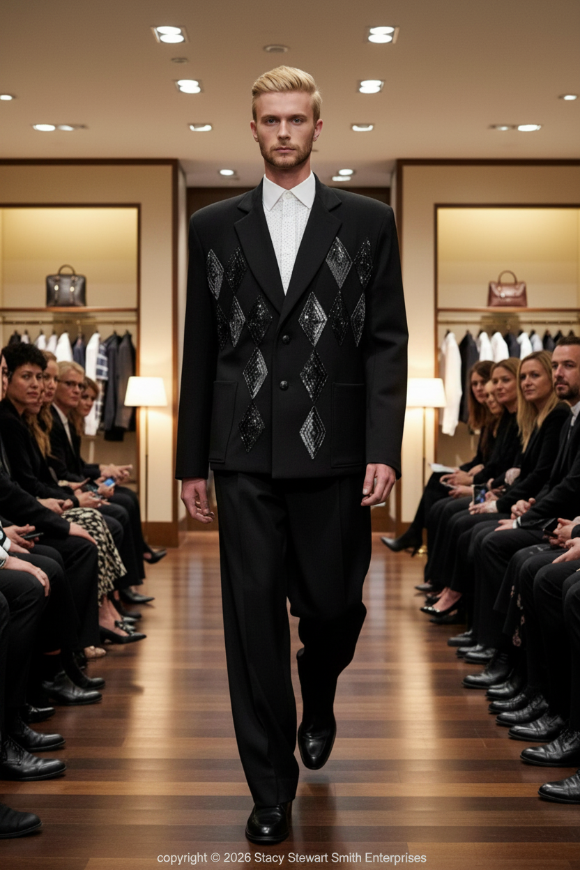 Stacy Stewart Smith Knit Harlequin Blazer with sequin and beaded rhombus shapes in an Argyle pattern and matching knit pants on a mannequin 6'3" walking in a retail luxury fashion show with spectators. 