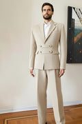 Stacy Stewart Smith Men's Highland Gentry Diamond Tweed Suit in Ecru/Ivory on mannequin 6'3" standing frontal in a room with an Antique White wall, an oil painting entitled Faith on the wall, and on a wooden floor.