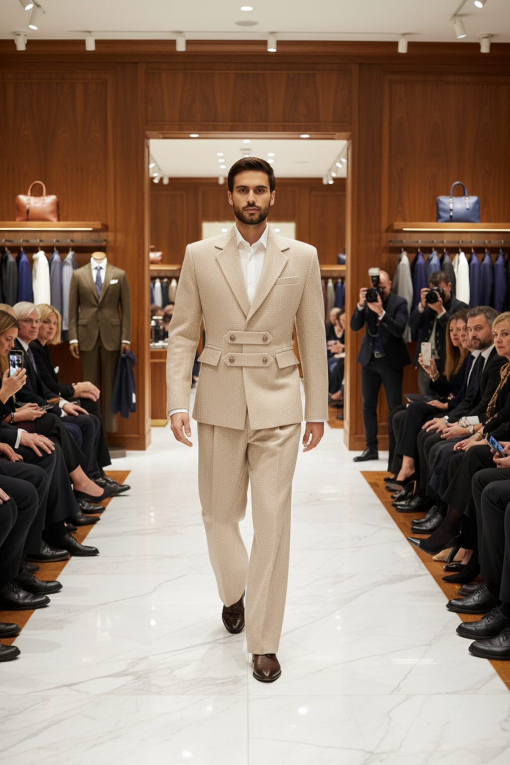 Stacy Stewart Smith Men's Highland Gentry Diamond Tweed Suit in Ecru/Ivory on mannequin 6'3" walking frontal in a a department store trunk show with onlookers seated.