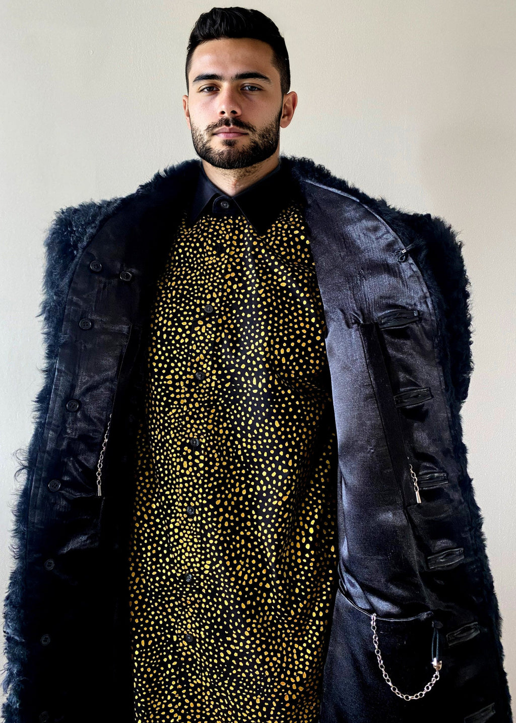 Stacy Stewart Smith Lamb Shearling Bishop Fur Coat open view on mannequin standing 6'3" over a gold hand painted dot patterned shirt against a plain background