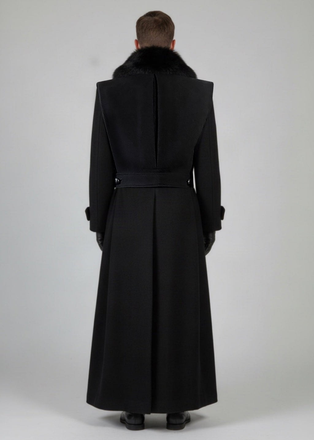 Stacy Stewart Smith Men's Harris Tweed Wool Processional Great Coat on mannequin 6'3" back view in front of a gray  backdrop