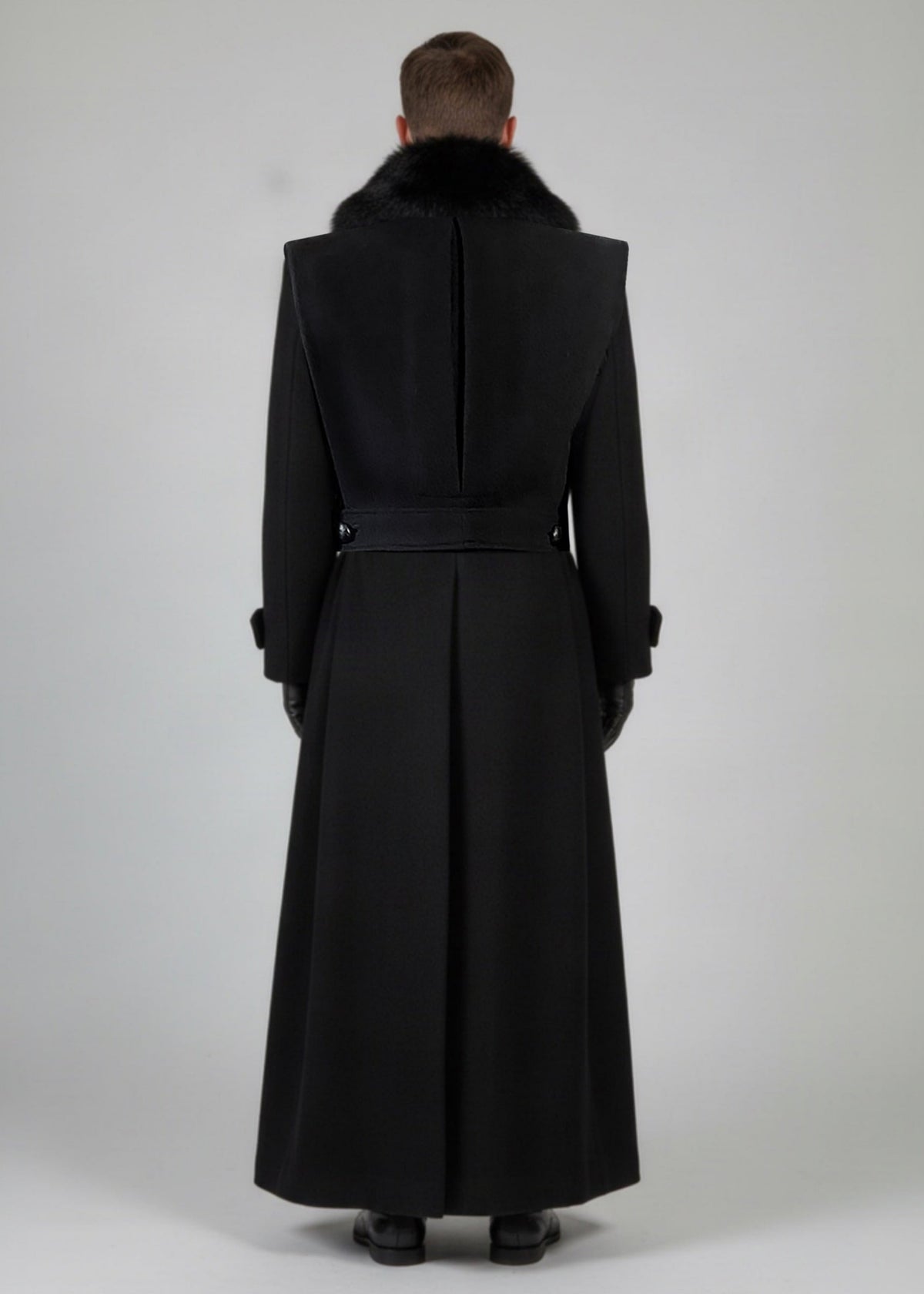 Stacy Stewart Smith Men's Harris Tweed Wool Processional Great Coat on mannequin 6'3" back view in front of a gray  backdrop
