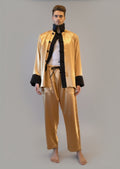 Stacy Stewart Smith Men's Golden Tang Satin Lounge Set on a mannequin 6'3" open with the collar up frontal view.