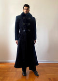 Stacy Stewart Smith Night Watchman Faux Persian Lamb Coat in Coal Black, shown on a mannequin at 6'3
