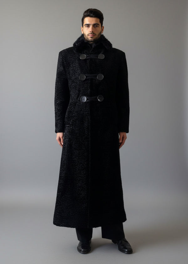 Stacy Stewart Smith Night Watchman Faux Persian Lamb Coat in Coal Black, shown on a mannequin at 6'3
