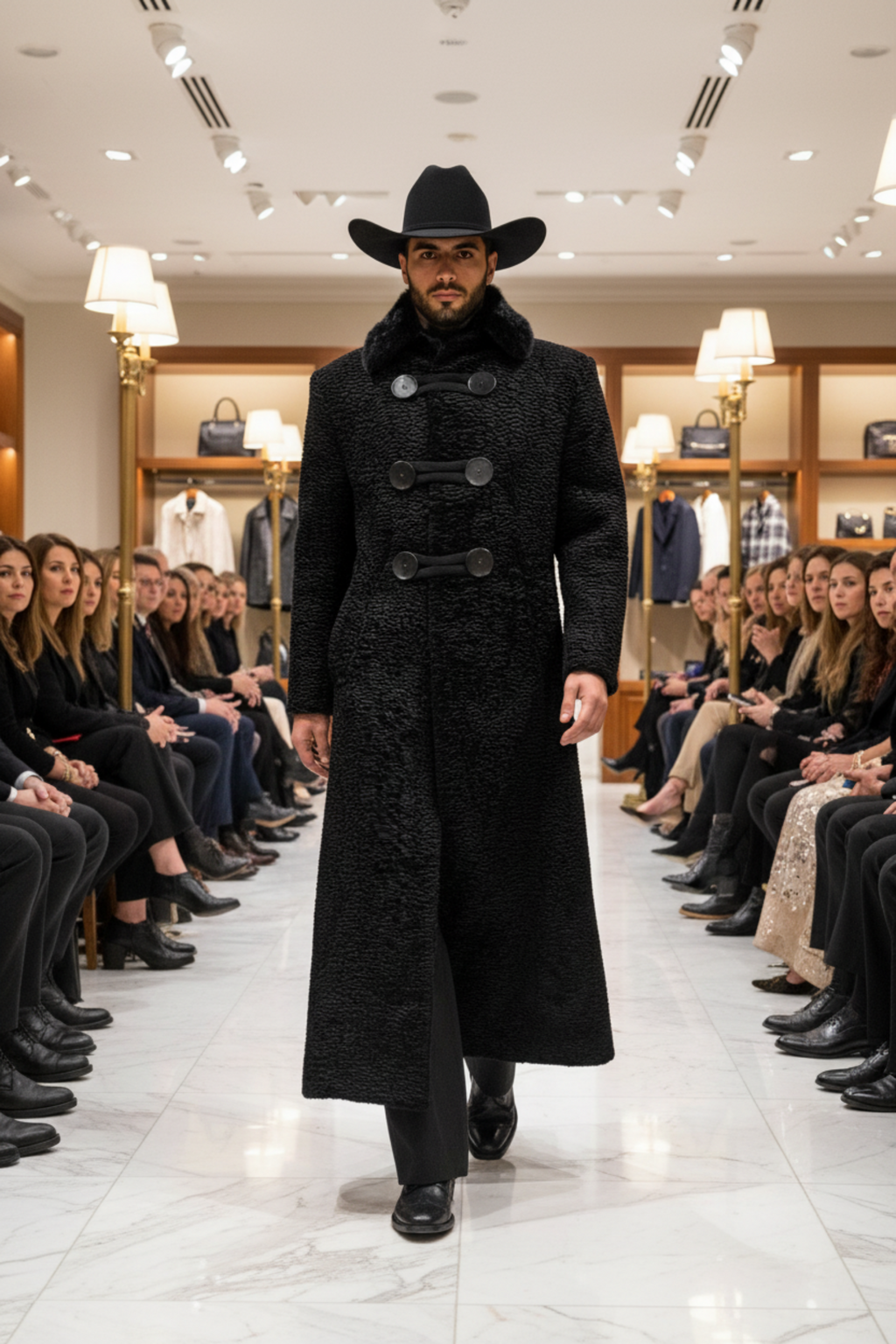 Stacy Stewart Smith Night Watchman Faux Persian Lamb coat on mannequin 6'3" Runway frontal view