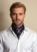 Stacy Stewart Smith Silk Satin Crosshatch Cravat in Shocking Pink on black with white shirt on male mannequin 6'3" front view.