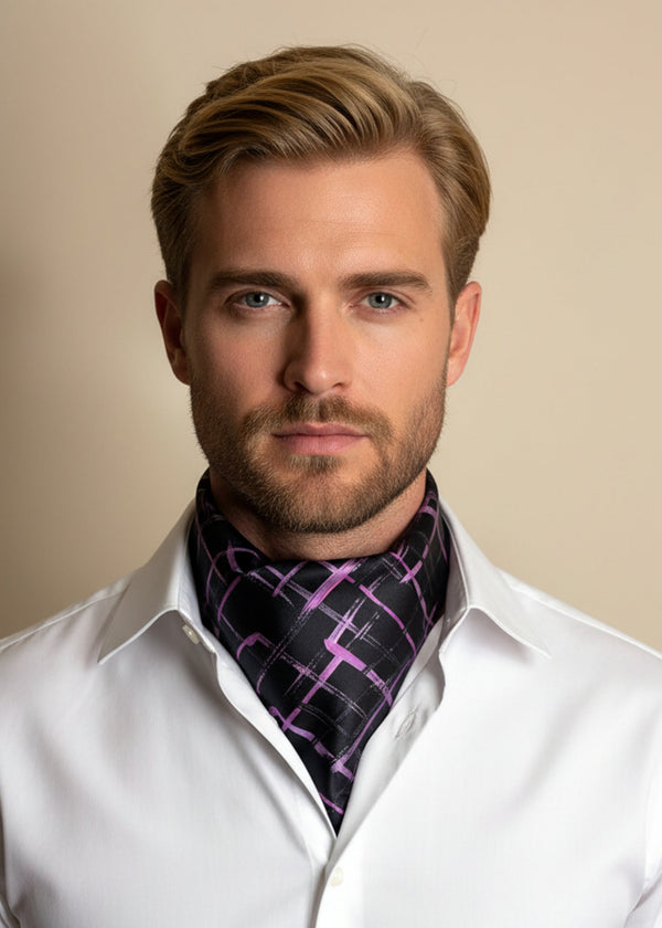 Stacy Stewart Smith Silk Satin Crosshatch Cravat in Shocking Pink on black with white shirt on male mannequin 6'3" front view.
