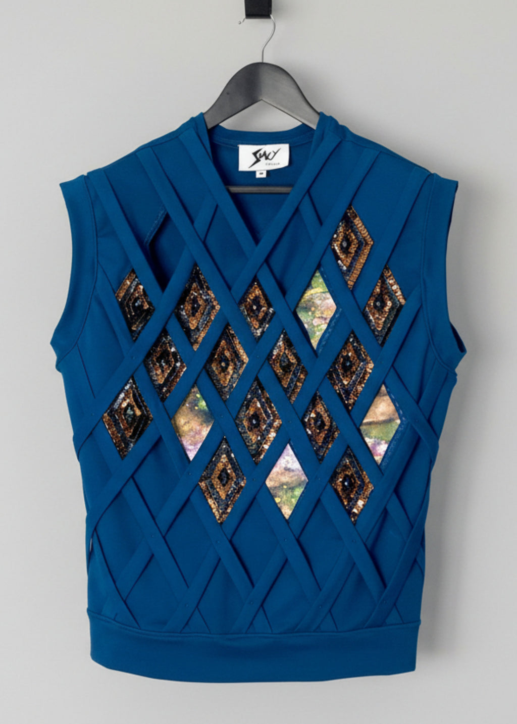 Stacy Stewart Smith Men's Rhombus Labyrinth Pullover Sleeveless Knit Top on hanger front viw.