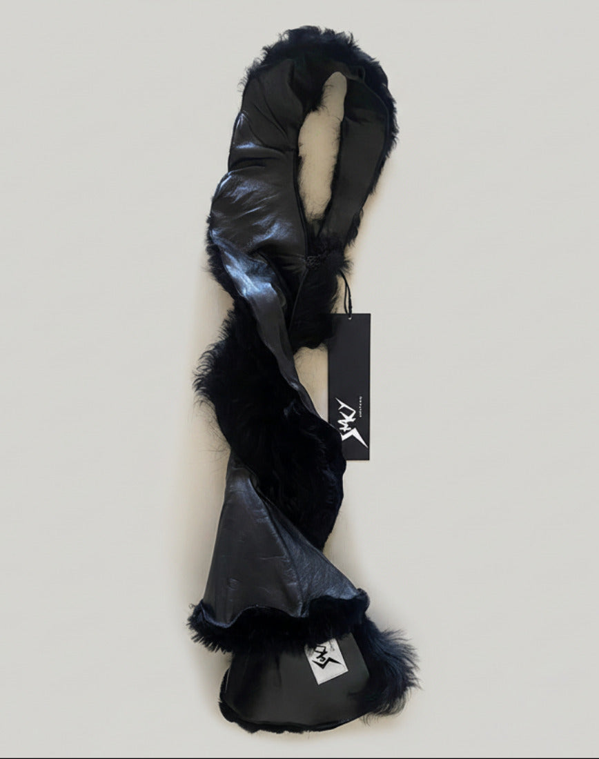 Stacy Stewart Smith Black Shearling & Leather Coil Scarf leather/fur side with Stacy Couture label and hang tag.