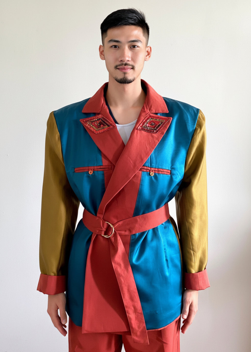 Sky & Ruby Trench-Jack front view  reverse lining side belted on  mannequin 6'3" in front of an antique white wall.