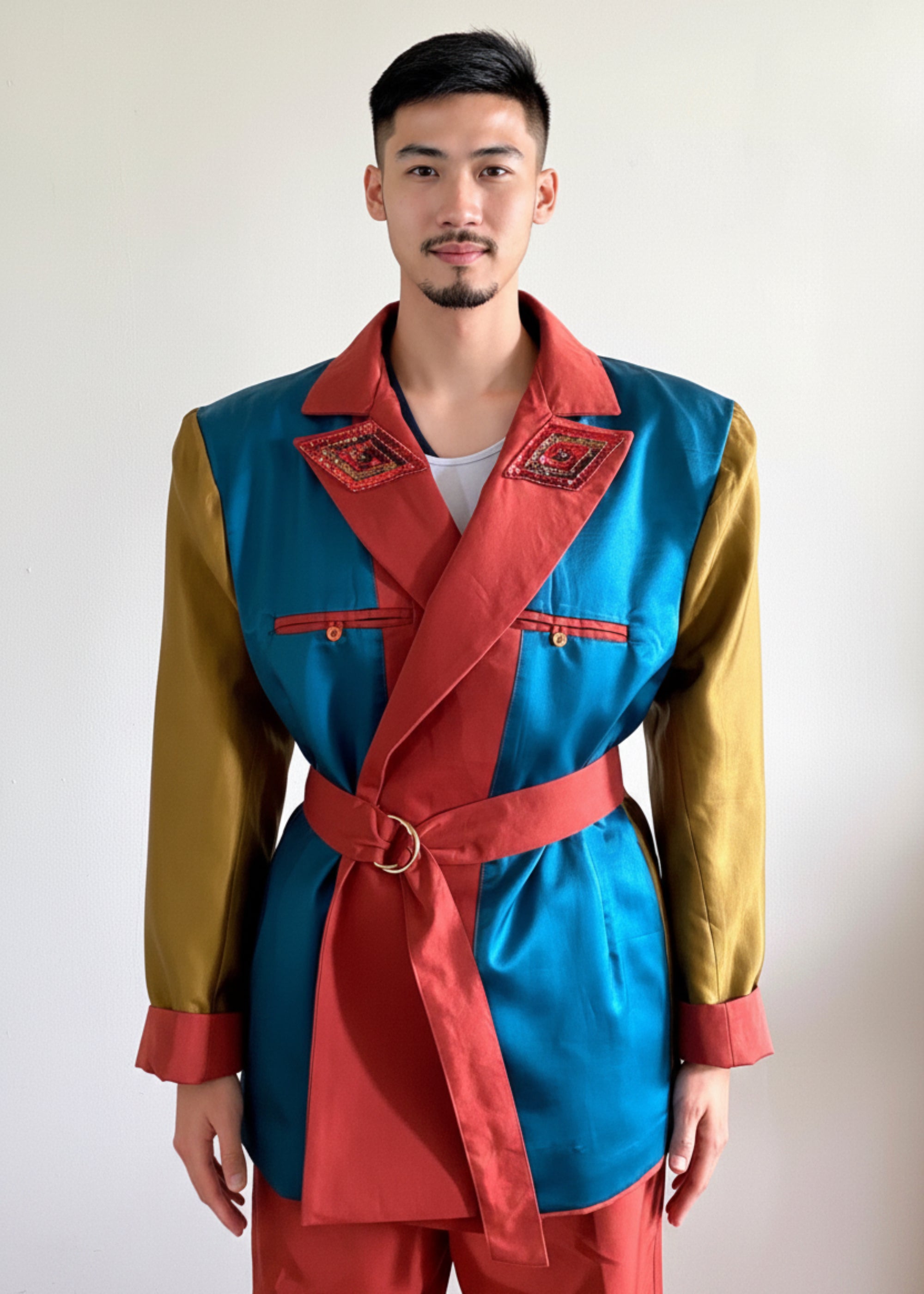 Sky & Ruby Trench-Jack front view  reverse lining side belted on  mannequin 6'3" in front of an antique white wall.