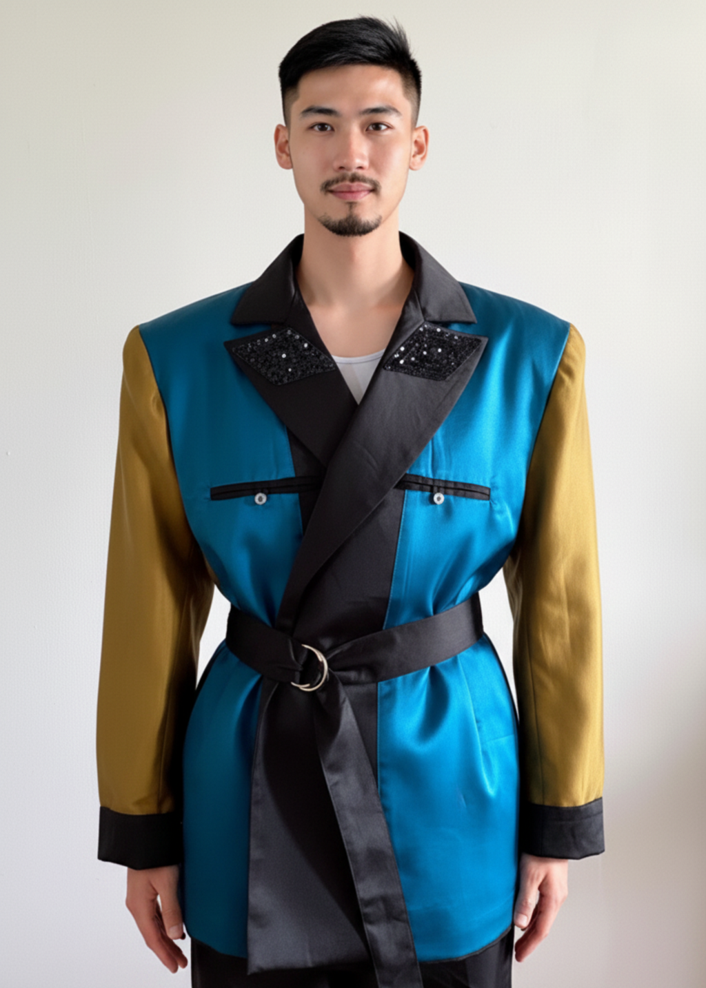 Sky & Ruby Trench-Jack black version front view  everse lining side belted on  mannequin 6'3" in front of an antique white wall.