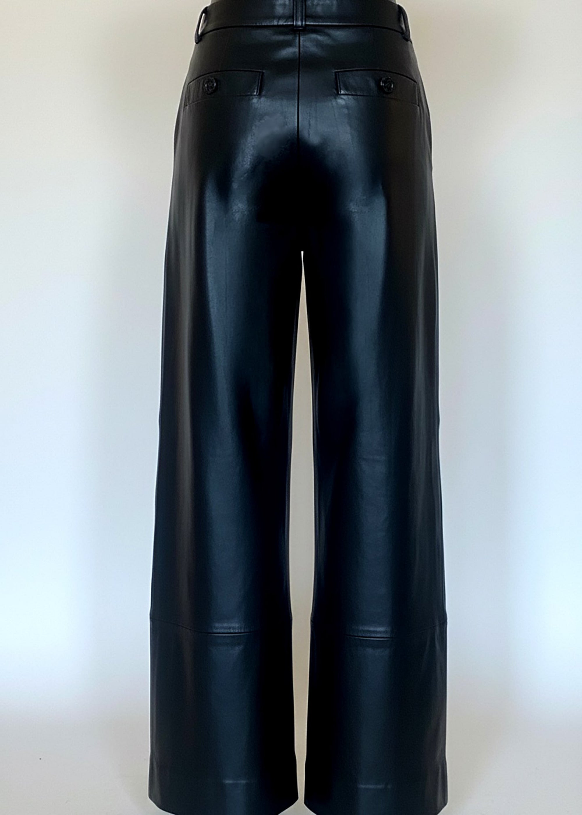 Stacy Stewart Smith Men's Onyx Leather Pleated Windsor Pants on mannequin 6'3" back view with gray backdrop.