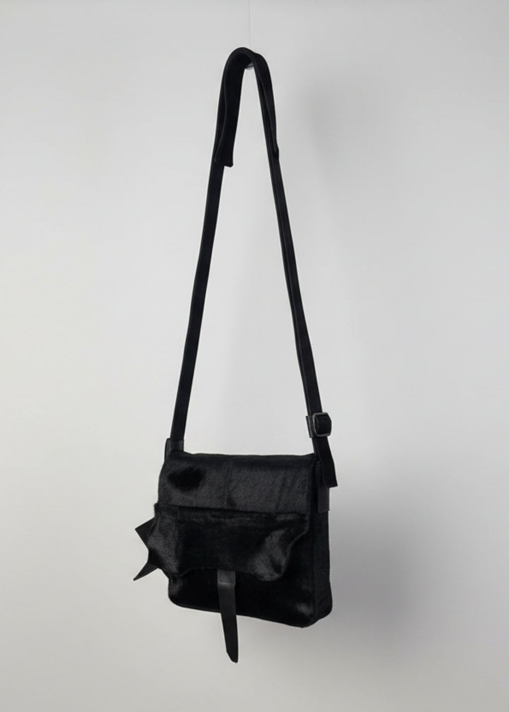 Stacy Stewart Smith Hair-On Calf Powder Satchel Bag floating front view gray background. 