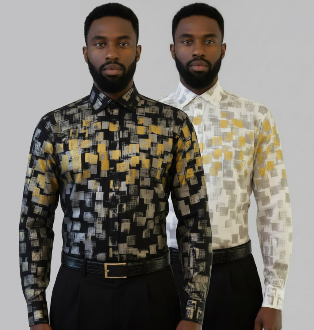 Stacy Stewart Smith Men's Hand-Painted Gold & Silver Pixels Cotton Percale Dress Shirt — Wholesale 6-Pack