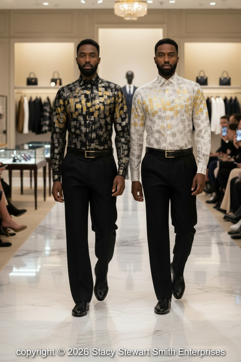 Two mannequins 6'3" wearing hand-painted pixel cotton shirts and black pants by Stacy Stewart Smith walking down a runway in a fashion show setting.