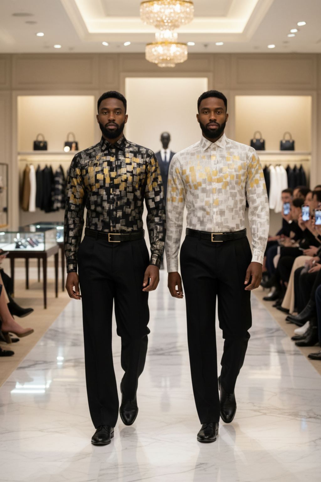 Two men wearing hand-painted pixel cotton shirts and black pants by Stacy Stewart Smith walking down a runway in a fashion show setting.