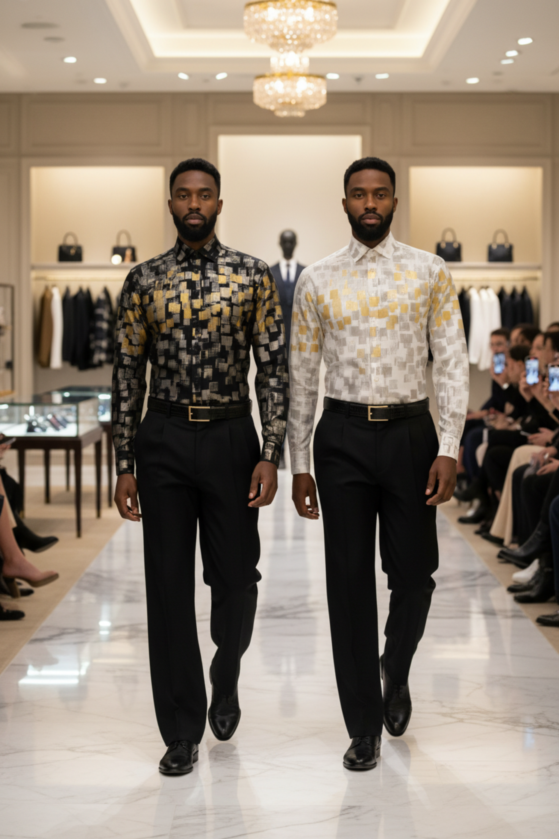 Two men wearing hand-painted pixel cotton shirts and black pants by Stacy Stewart Smith walking down a runway in a fashion show setting.