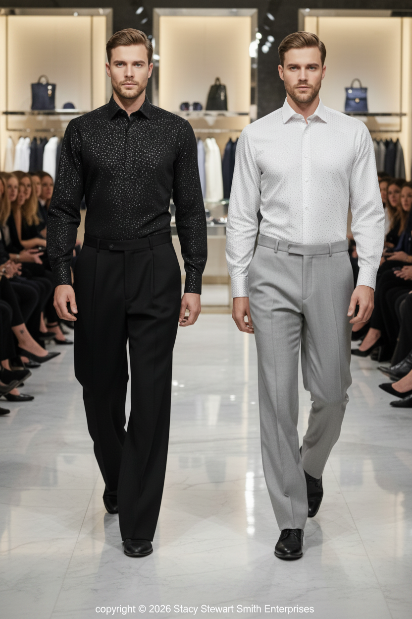 Two mannequins 6'3"wearing Stacy Stewart Smith Silver Angels hand-painted shirts with Smith's Windsor pants walking in a retail fashion show with spectators seated.