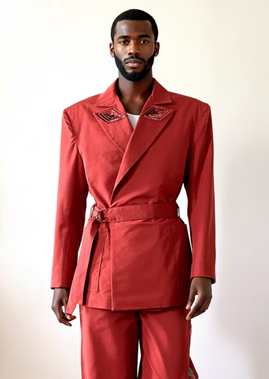 Sky & Ruby Trench-Jack front view on  mannequin 6'3" in front of an antique white wall.