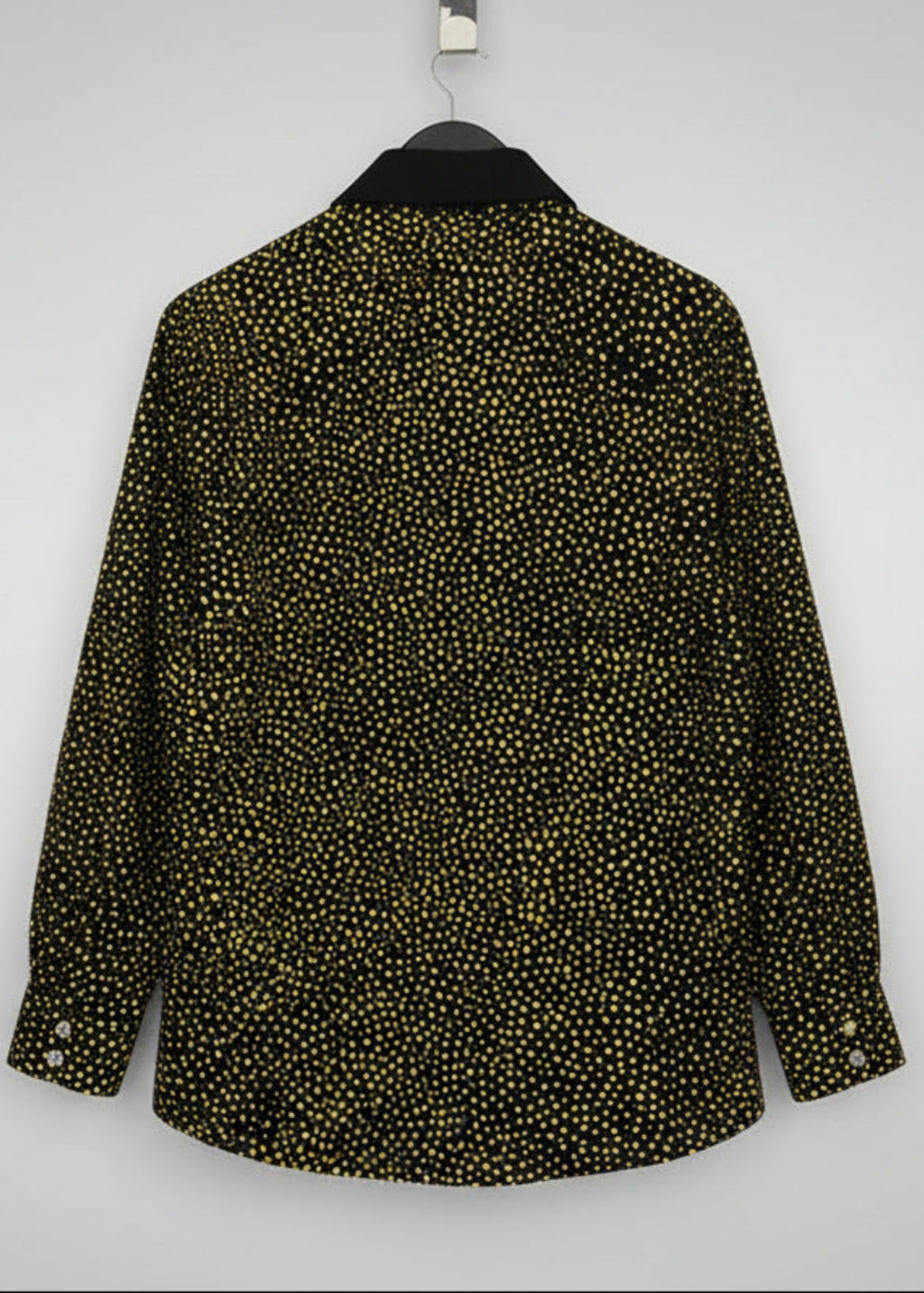 Stacy Stewart Smith Men's Golden Angels Black Premium Cotton Percale Hand-Painted Shirt on a hanger back view.
