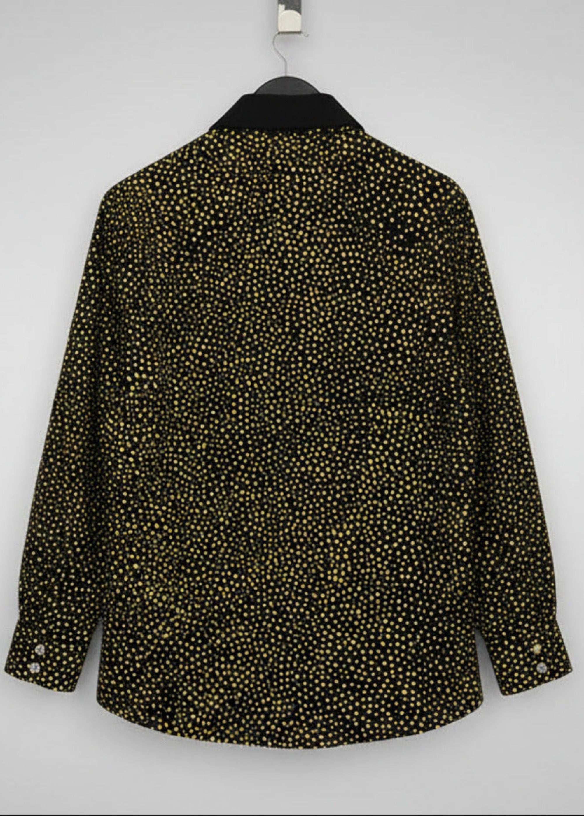 Stacy Stewart Smith Men's Golden Angels Black Premium Cotton Percale Hand-Painted Shirt on a hanger back view.