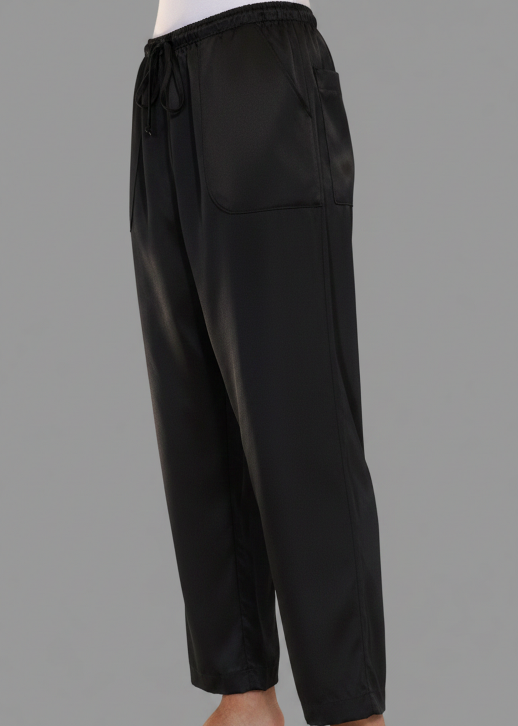 Stacy Stewart Smith Men's black Satin Jiu-jitsu Pants on a mannequin 6'3" 3/4 view. 