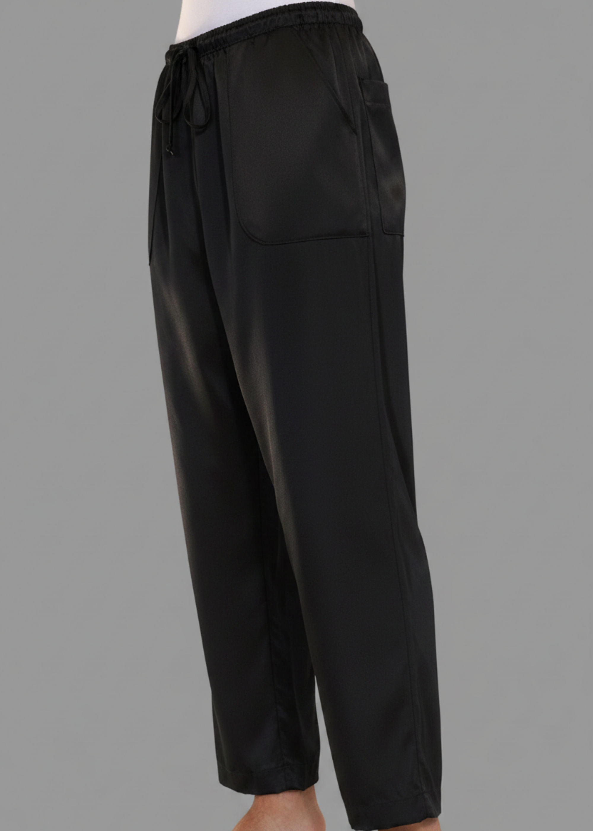 Stacy Stewart Smith Men's black Satin Jiu-jitsu Pants on a mannequin 6'3" 3/4 view. 