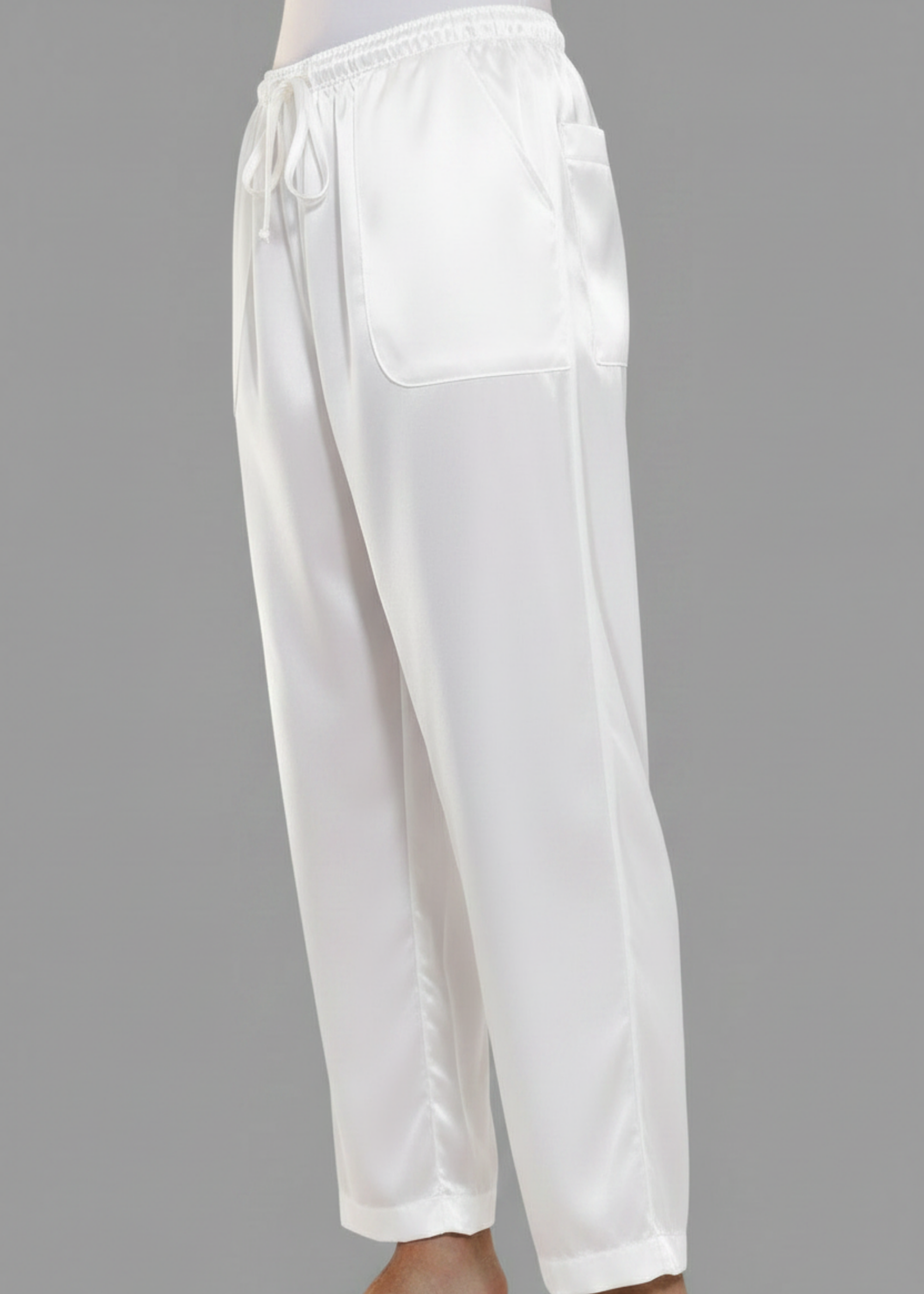 Stacy Stewart Smith Men's white Satin Jiu-jitsu Pants on a mannequin 6'3" 3/4 view. 