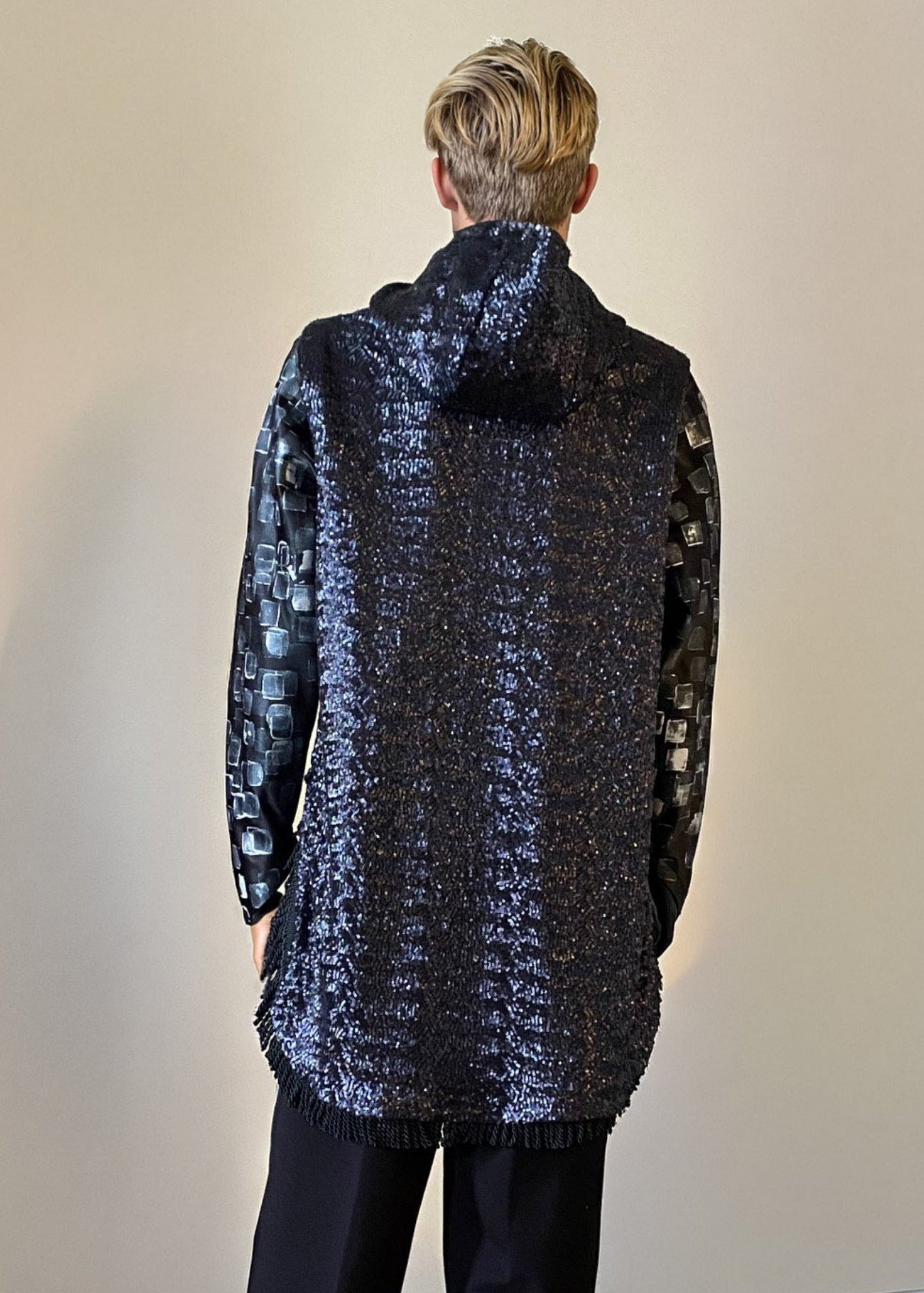 Stacy Stewart Smith Men’s Sequin and Hand-Printed Pixels Knight-Shirt on mannequin 6'3" full back view.