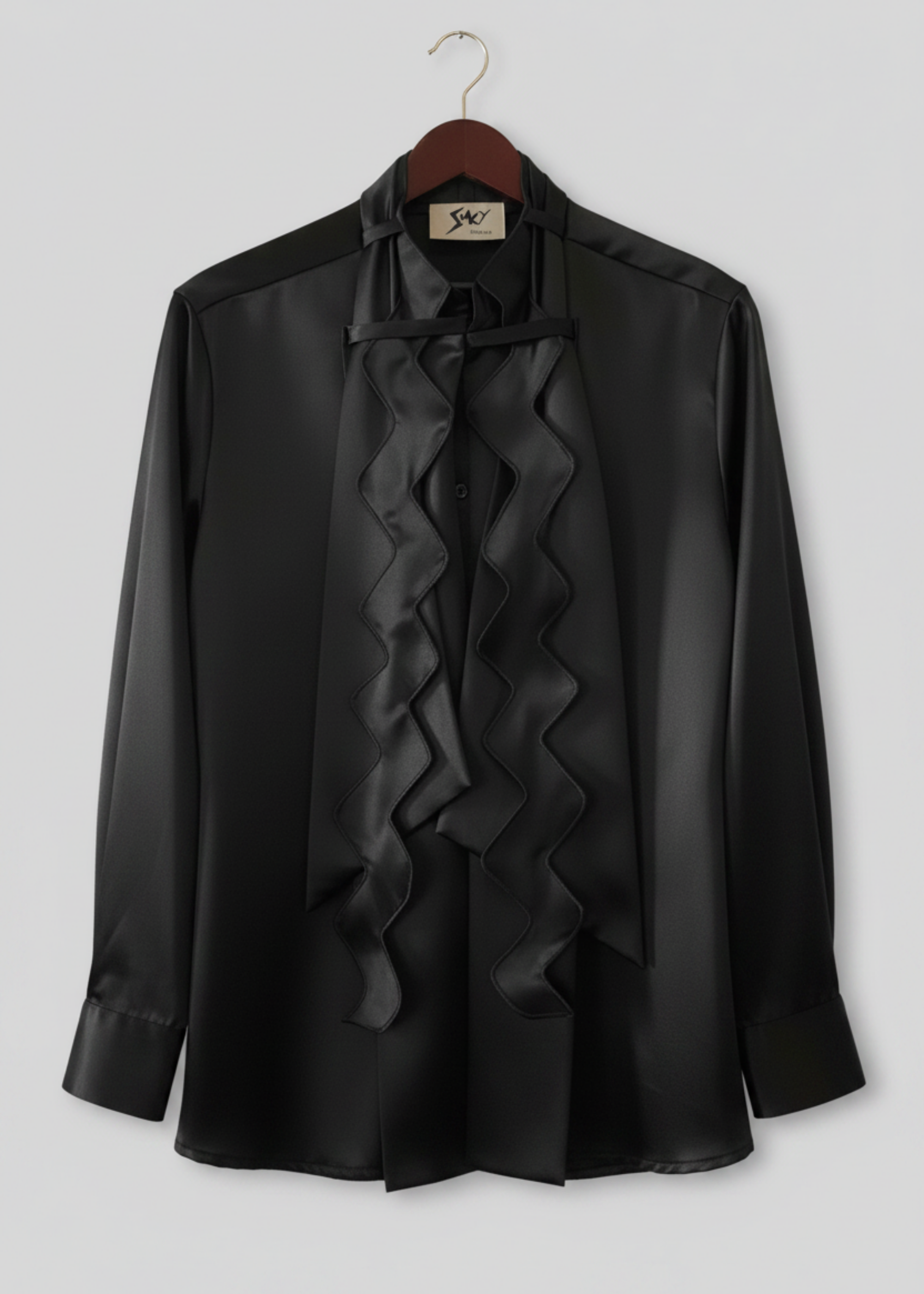 Stacy Stewart Smith Men's Black Noble Innocent Satin Shirt front view on a hanger against gray backdrop.