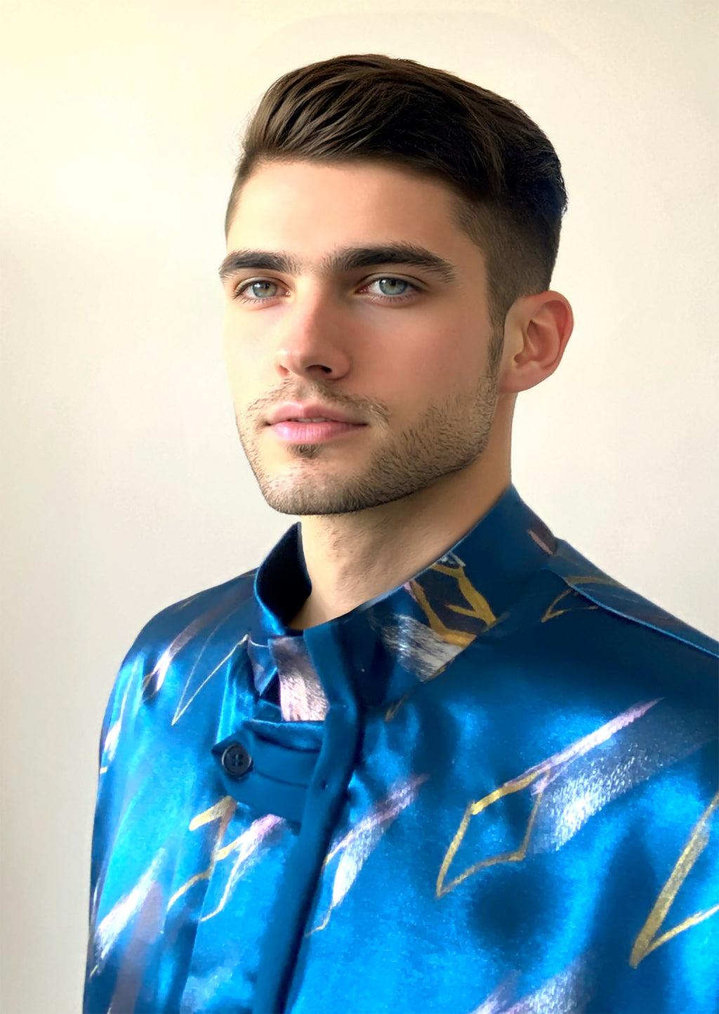 Stacy Stewart Smith Men's Rhombus Shower Hand-Painted Pool Shirt-Jacket on mannequin 6'3" closeup neckline view.