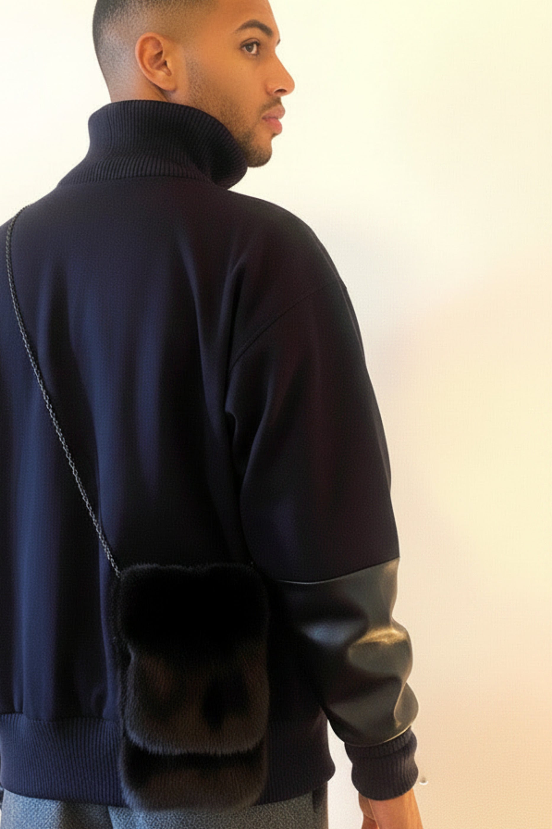 Stacy Stewart Smith Men's Black Gamma mink Sporran Pocket Bag front view  from a back pose of a male mannequin 6'3" with gray backdrop.
