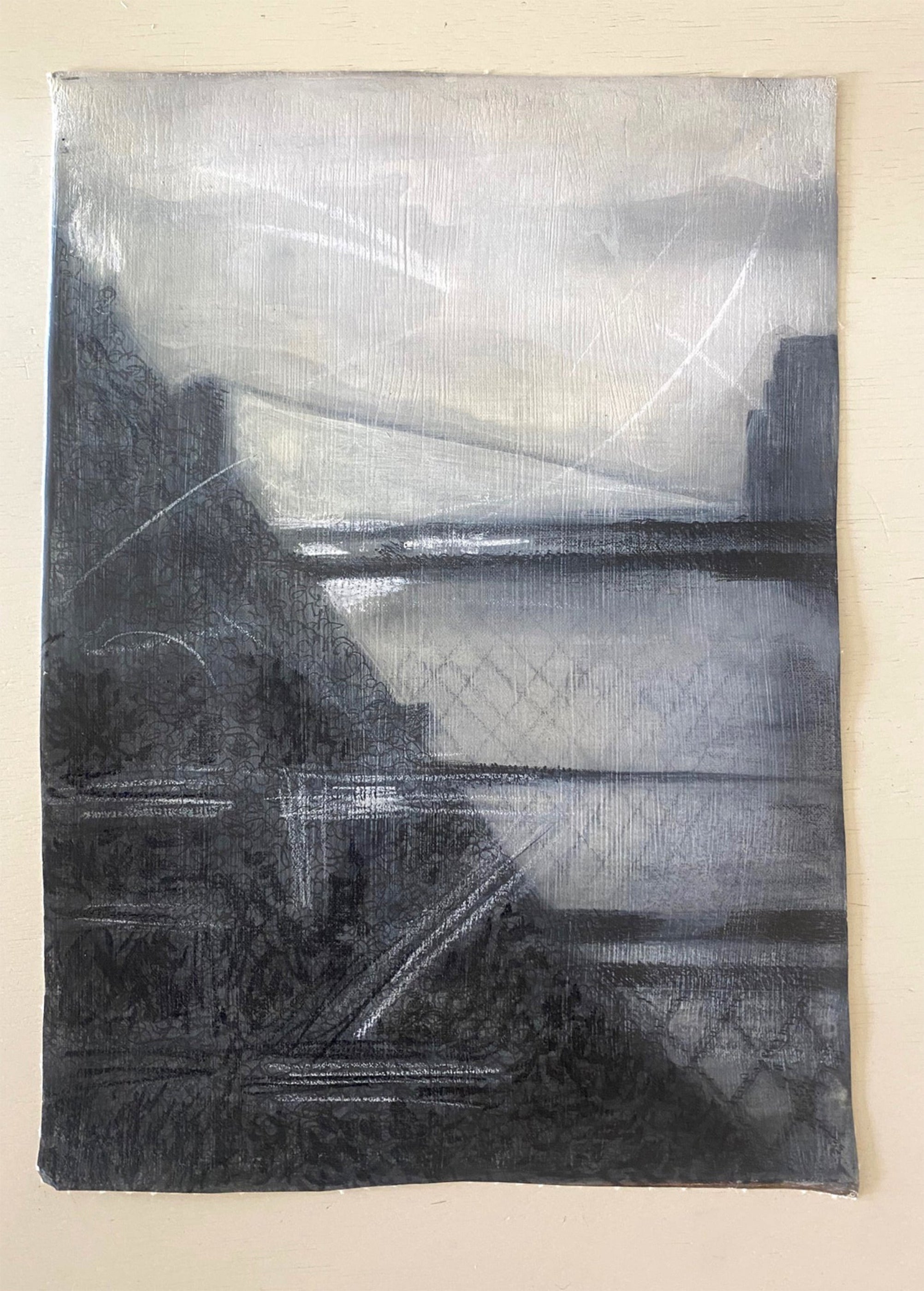 Salvaged painting on canvas from Sanctuary of Dreams: Week Seven Painting shadow box by Stacy Stewart Smith Front  showing edges cut from stretched canvas.