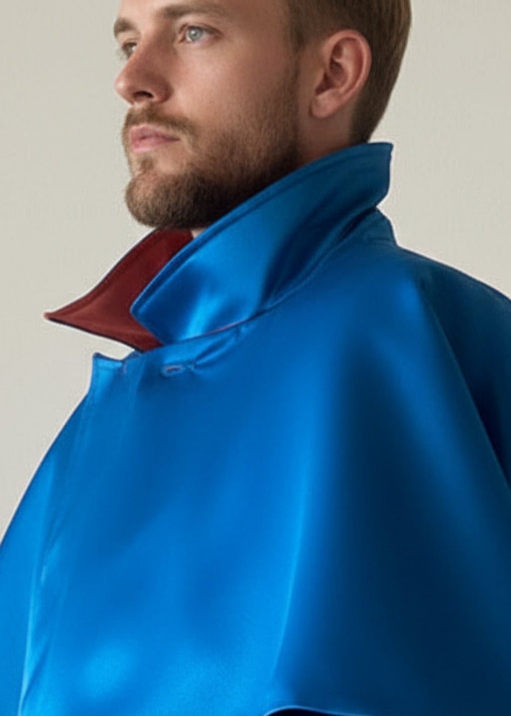 Stacy Stewart Smith Men's Baron Shower Coat on mannequin 6'3" closed with caplet collar up left side zoomed view.