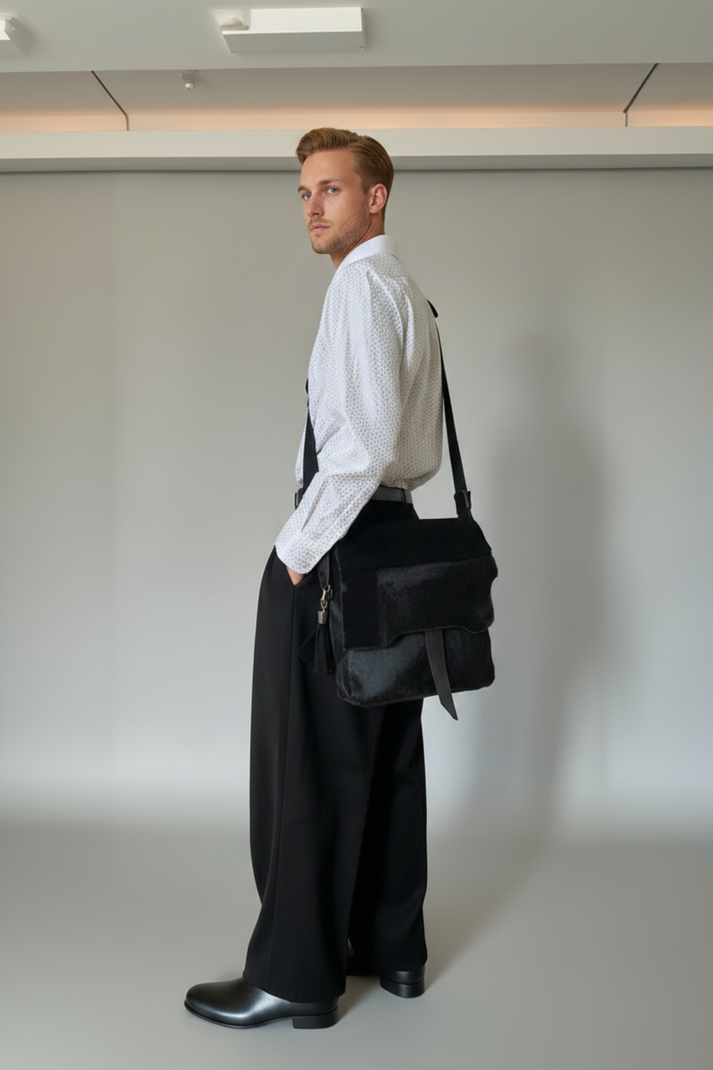 A black hair-on-calf messenger Powder Bag with a wide strap, displayed on a male model from the back. The model is wearing a white hand-painted patterned white shirt, black trousers, and black shoes, set against a plain light gray studio background. Apparel and Accessories by Stacy Stewart Smith.