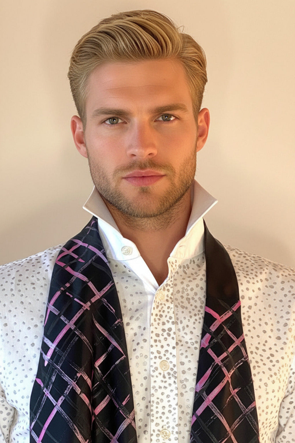 HOW TO TIE A CRAVAT: STEP 2 Atelier Quarterly presents Stacy Stewart Smith's Hand-Painted Cotton Percale Shirt and Hand-Painted Silk Cravat in Onyx/Shocking on a male mannequin front view with collar up against an ivory backdrop.
