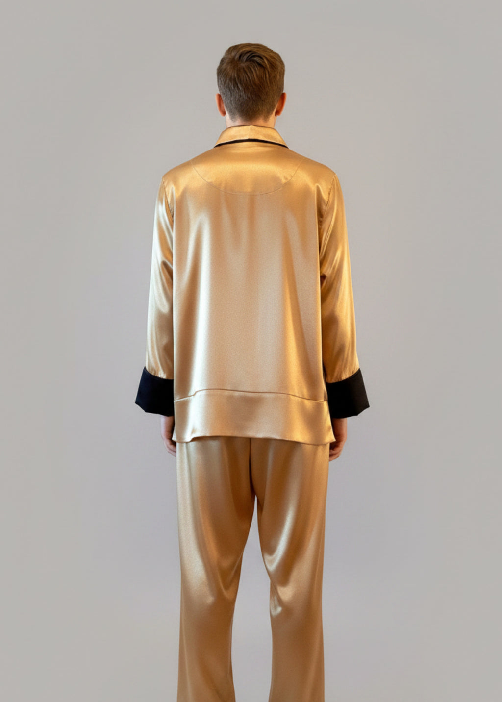 Stacy Stewart Smith Men's Golden Tang Satin Lounge Set on a mannequin 6'3" closed with the collar down back view.