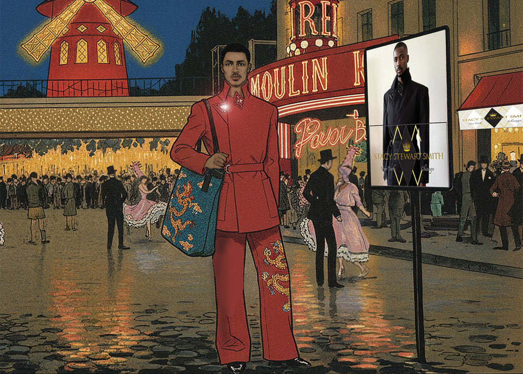 Illustration and photo-manipulation of a man wearing a persimmon Sky & Ruby trench jack with matching Windsor pants and carrying the Smith Dragon Tote with a sign showing an imagined advertisement and the same clothing in black on a mannequin 6'3" in front of an Stacy Stewart Paris boutique. All illustrated in the Lautrec style with the Moulin Rouge sign, windmill and people from the 1890s in the background.