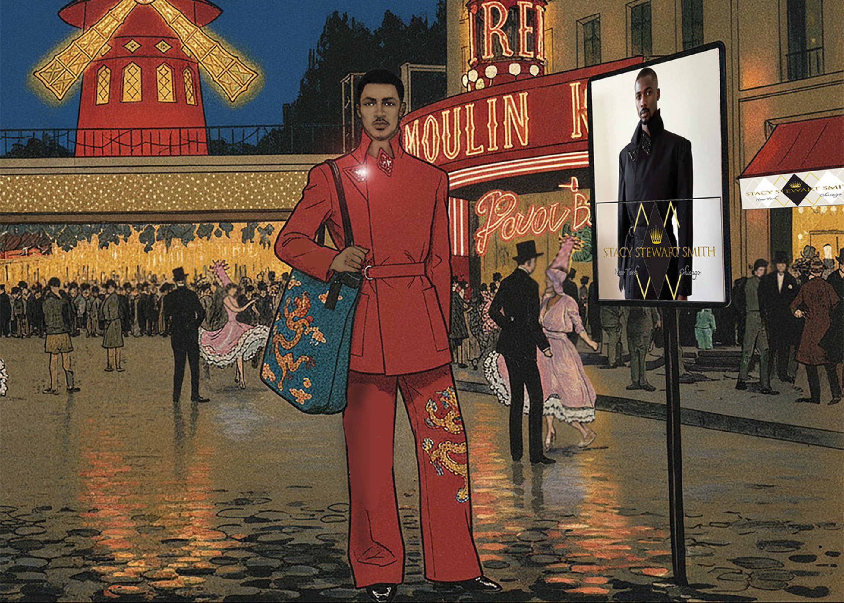 Illustration and photo-manipulation of a man wearing a persimmon Sky & Ruby trench jack with matching Windsor pants and carrying the Smith Dragon Tote with a sign showing an imagined advertisement and the same clothing in black on a mannequin 6'3" in front of an Stacy Stewart Paris boutique. All illustrated in the Lautrec style with the Moulin Rouge sign, windmill and people from the 1890s in the background.