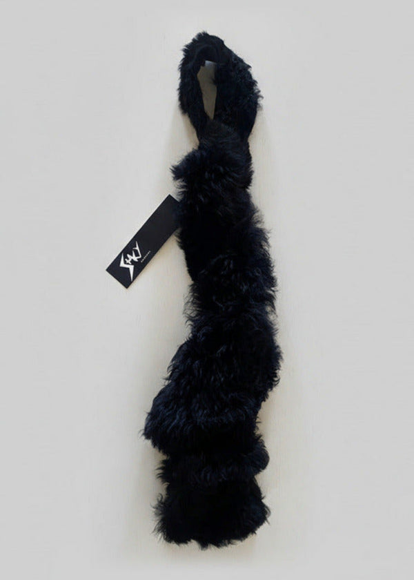 Stacy Stewart Smith Black Shearling & Leather Coil Scarf fur side with Stacy Couture hang tag.