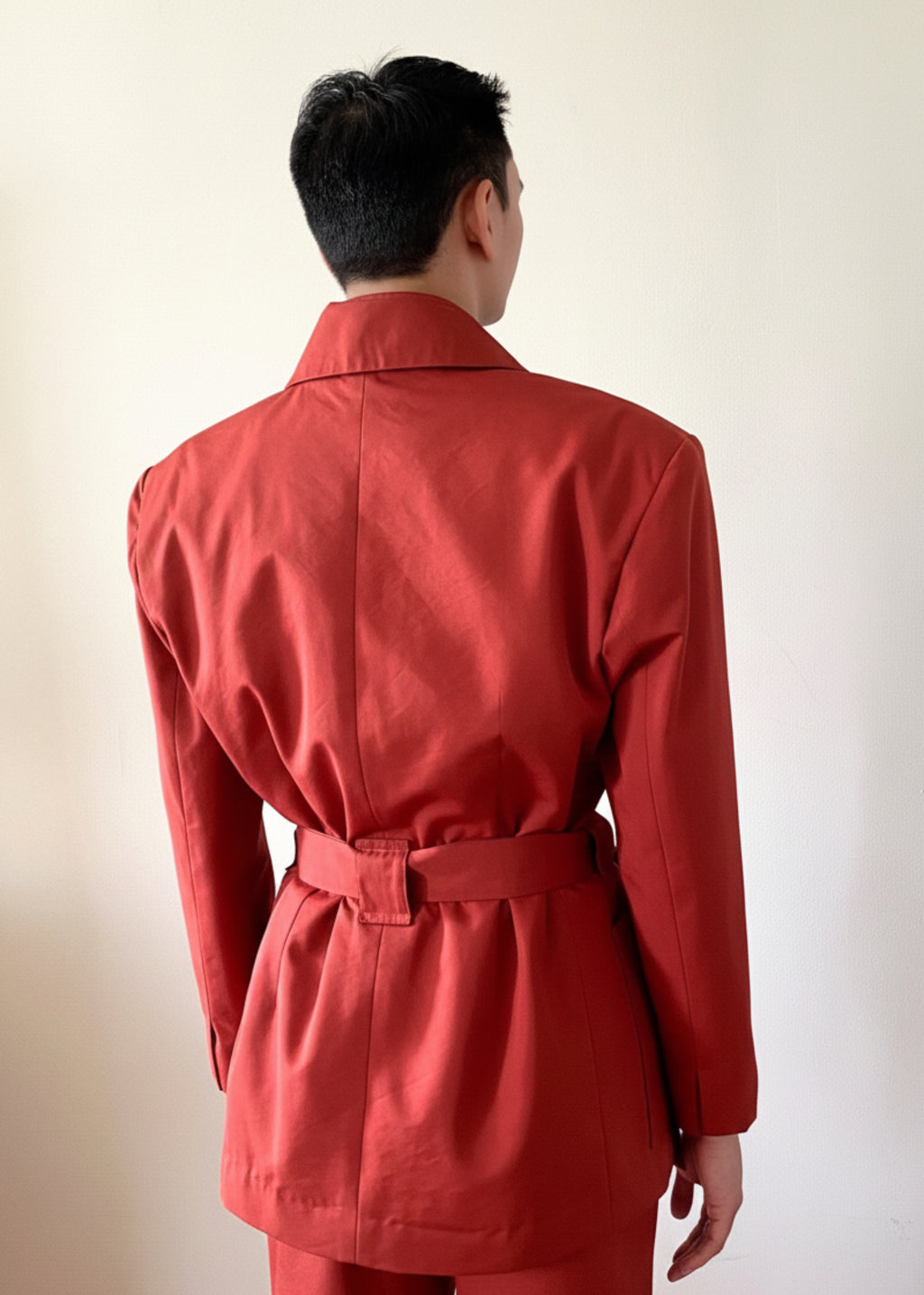Sky & Ruby Trench-Jack back view on  mannequin 6'3" in front of an antique white wall.