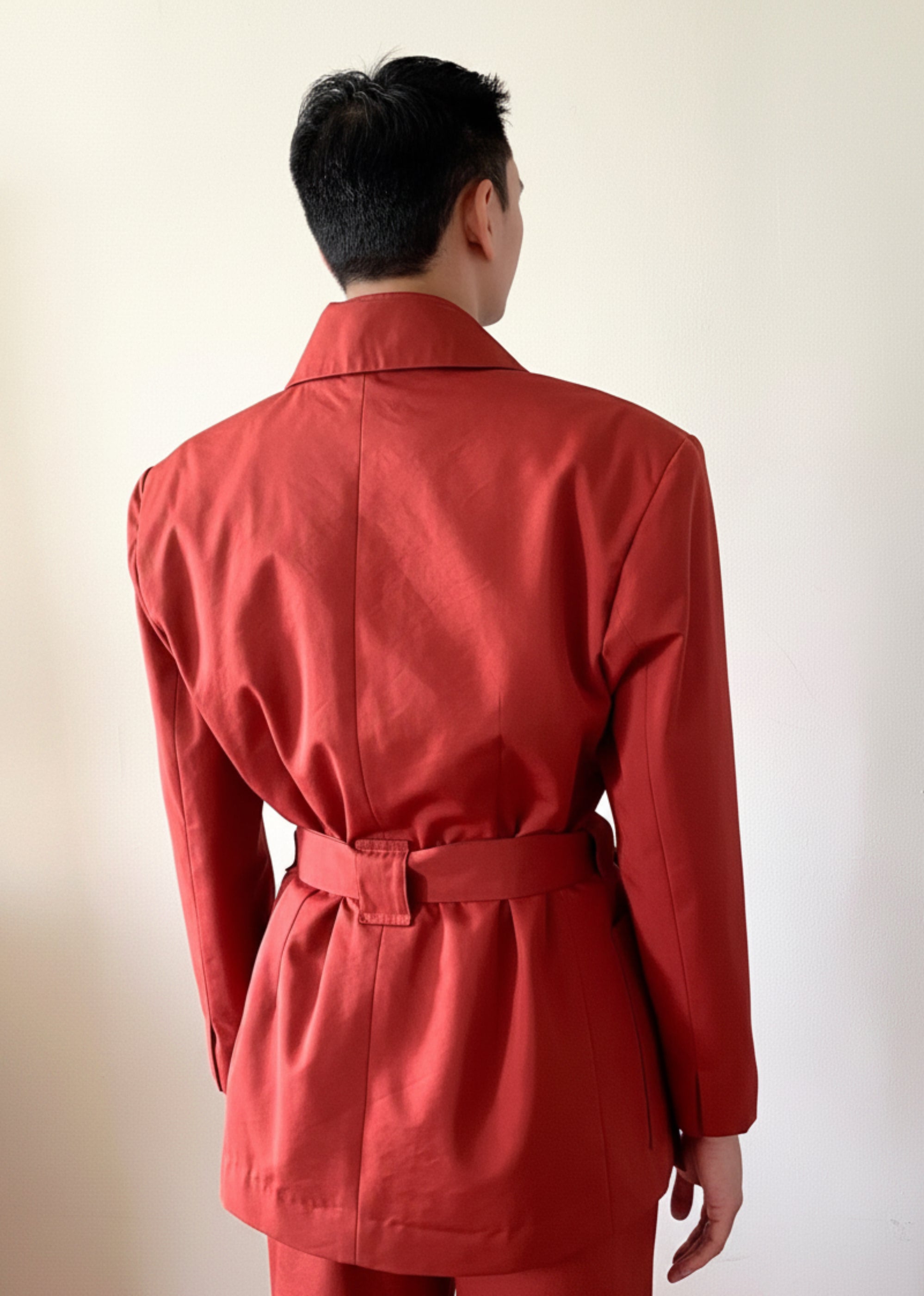 Sky & Ruby Trench-Jack back view on  mannequin 6'3" in front of an antique white wall.