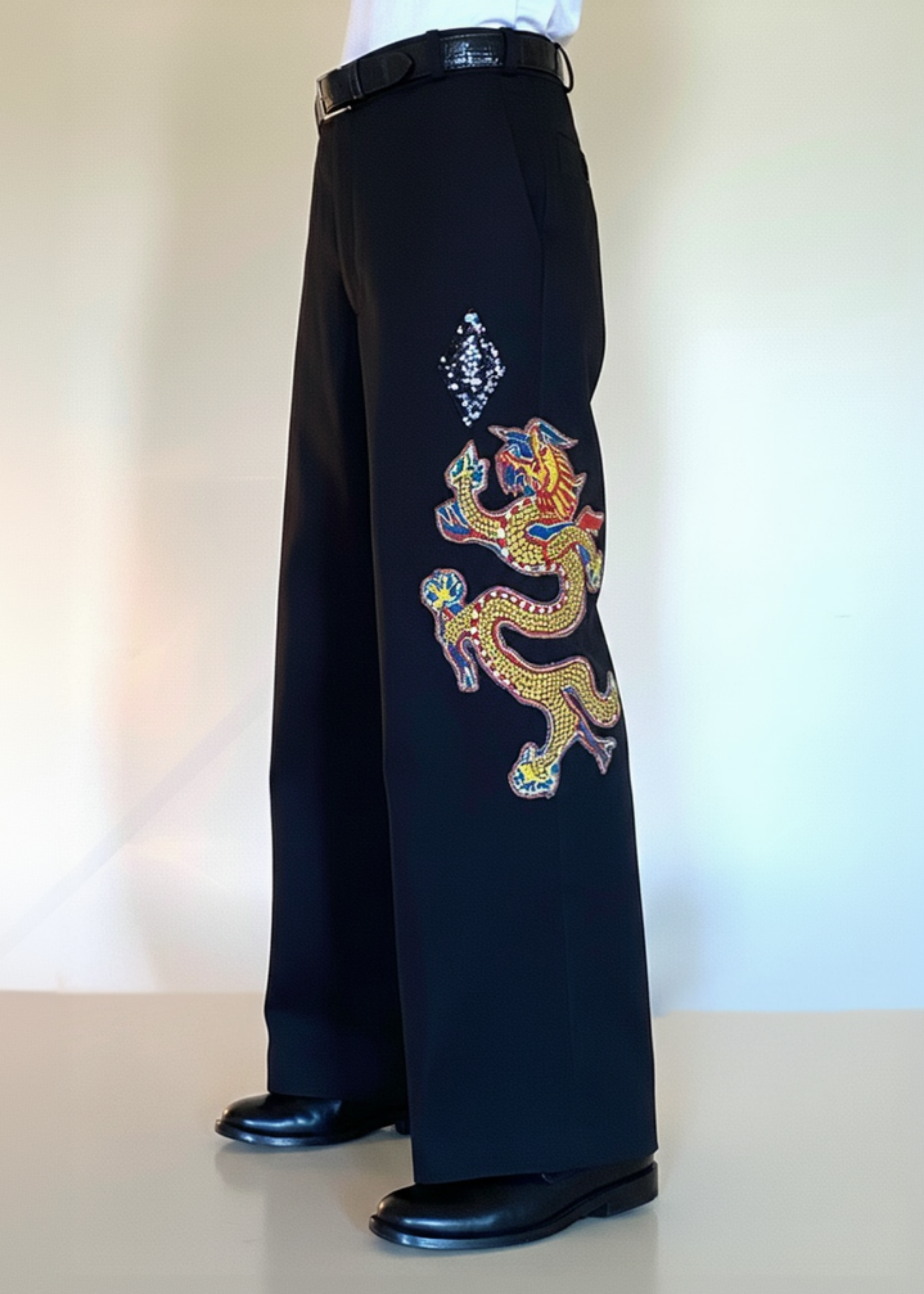Stacy Stewart Smith Dragon & Ruby Flat Front Black Cotton Twill Windsor Pants on a mannequin 6'3" left side 3/4 view.