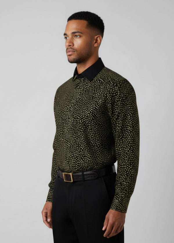 Stacy Stewart Smith Men's Golden Angels Black Premium Cotton Percale Hand-Painted Shirt on mannequin 6'3" 3/4 view.