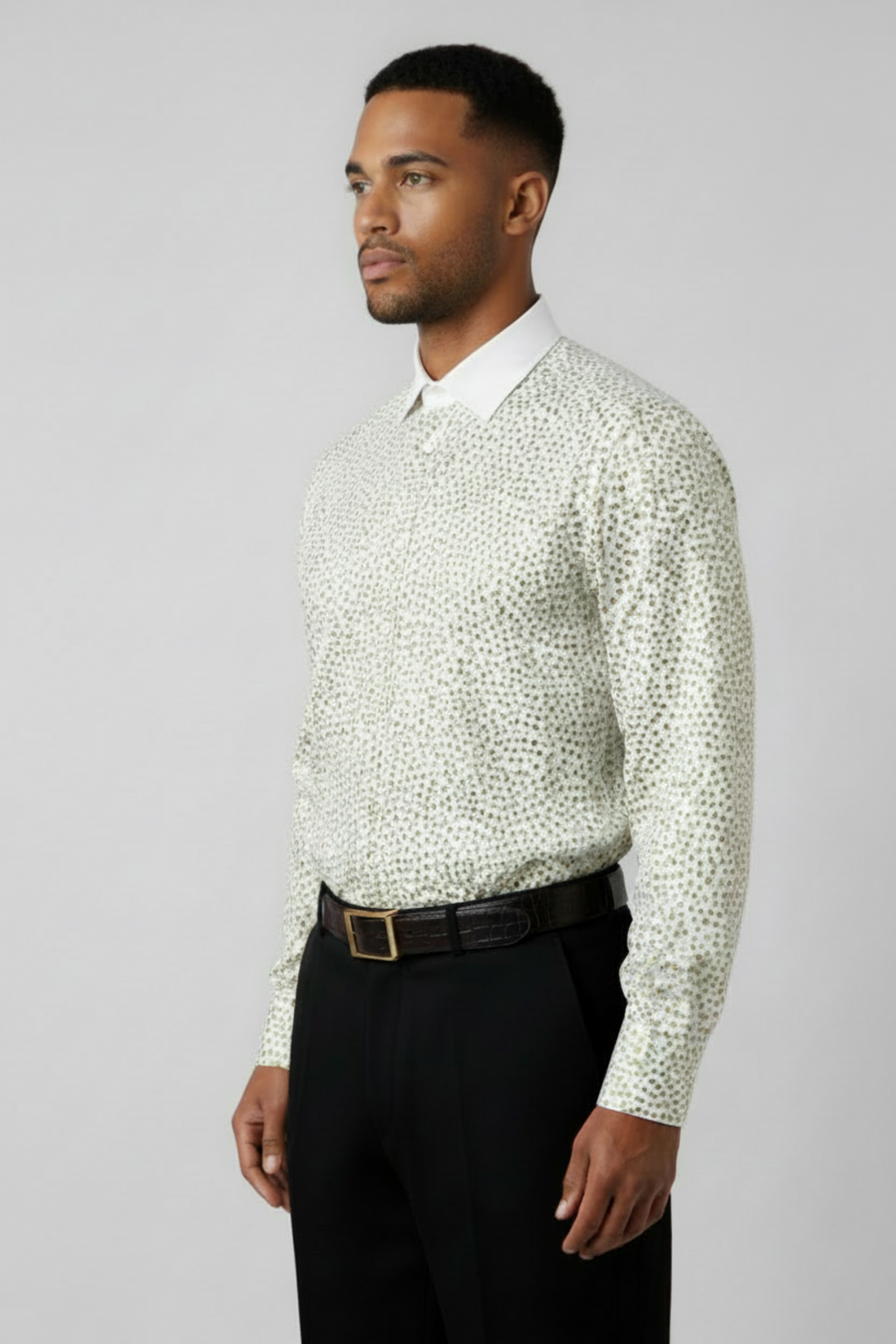 Stacy Stewart Smith Men's Golden Angels White Premium Cotton Percale Hand-Painted Shirt on mannequin 6'3" 3/4 view.