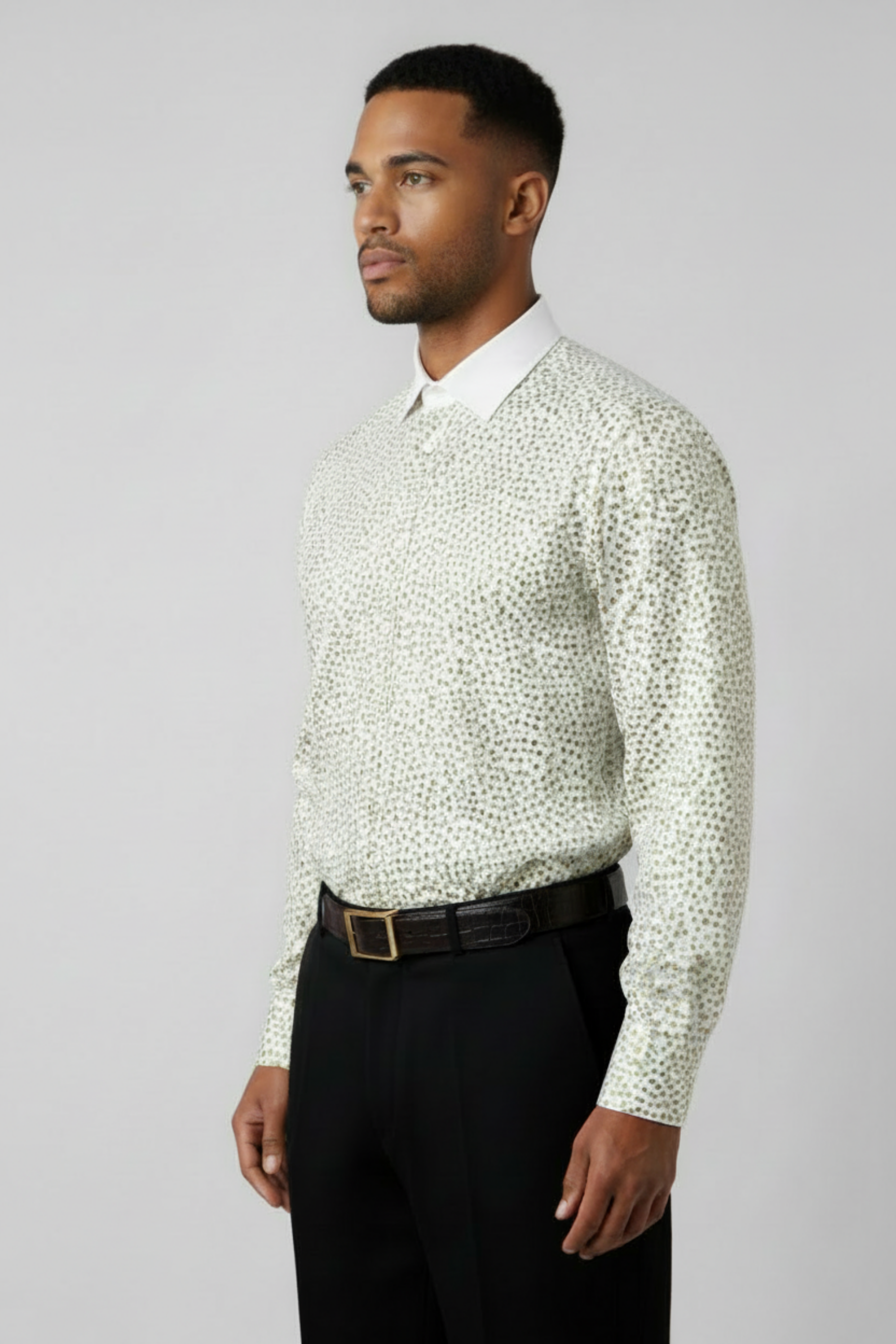 Stacy Stewart Smith Men's Golden Angels White Premium Cotton Percale Hand-Painted Shirt on mannequin 6'3" 3/4 view.
